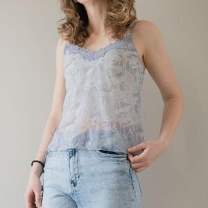 Delicate Soft Dainty Y2K Coquette Blue Floral Spaghetti Strap Cami Sheer Tank